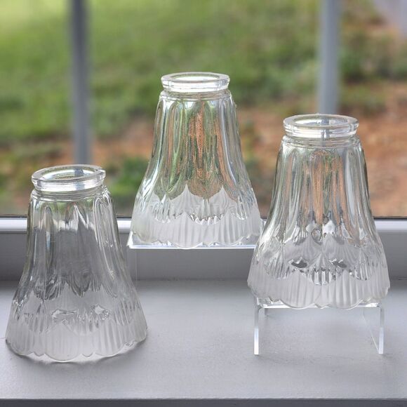 Set of 3 Glass Light Globes Shades Vintage Frosted Edge 80s Deco Pendant Ceiling - Picture 1 of 9